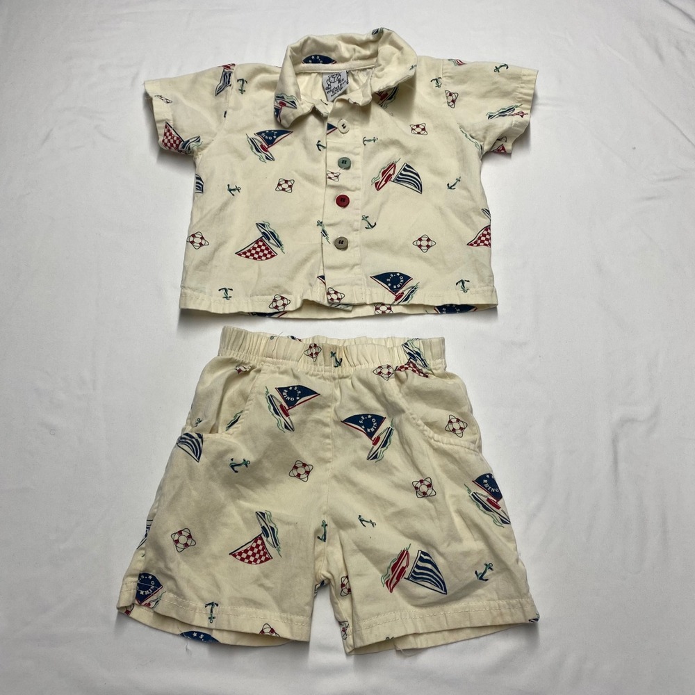 Vintage Painting Red Rhinos Nautical Sailboat Shorts Set 2T 3T Made in USA